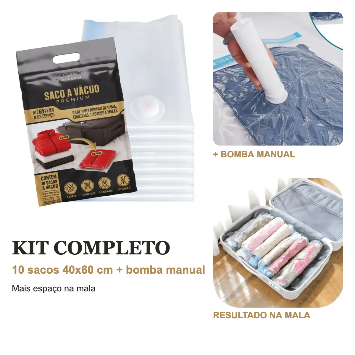 Kit Mala Completo — 10 Sacos a Vácuo + Bomba Manual